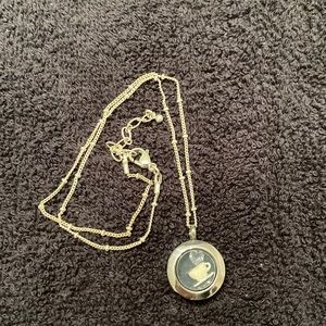 Origami Owl locket and chain. Coffee cup and clear crystal heart charms.